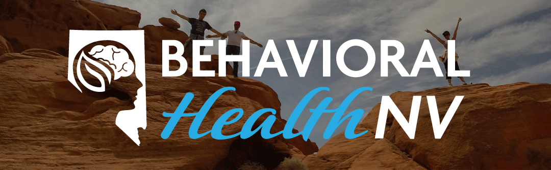 header with Behavioral Health NV logo and background of happy people on mountain