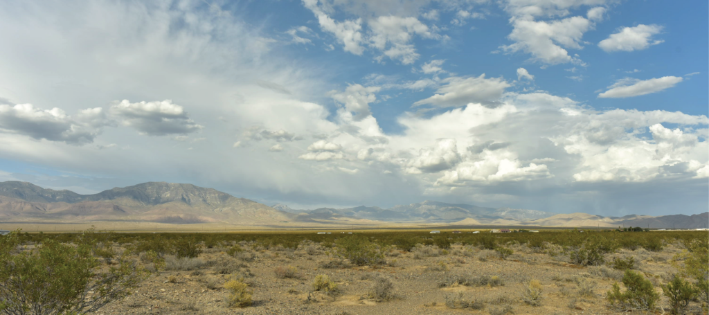 Mojave Desert landscape with houses of town Pahrump, Nevada, USA.
